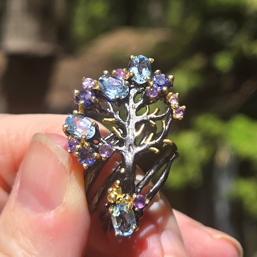 πHOST PICK π Blue Topaz Lolite & Amethyst Sterling Rhodium & Gold ring sz6.75 - Picture 1 of 13